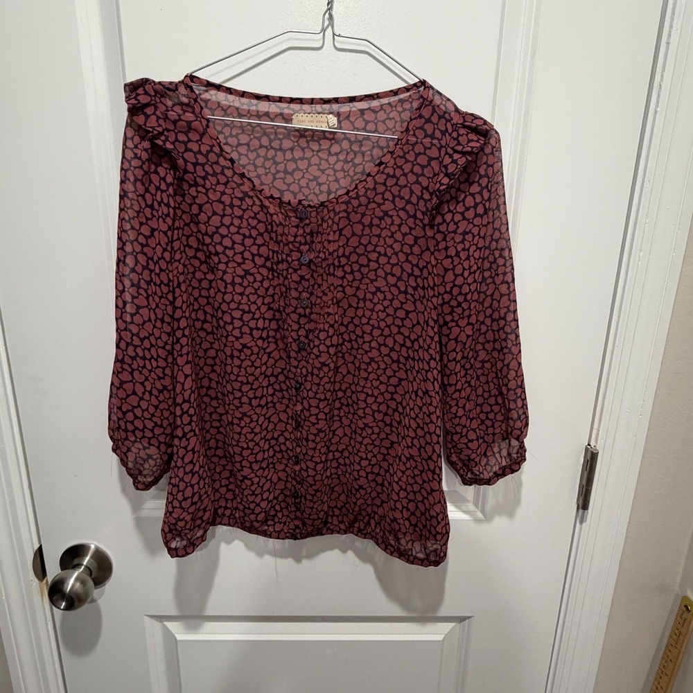 Pins and Needles Womens Blouse Heart Print Ruffle Burgundy S